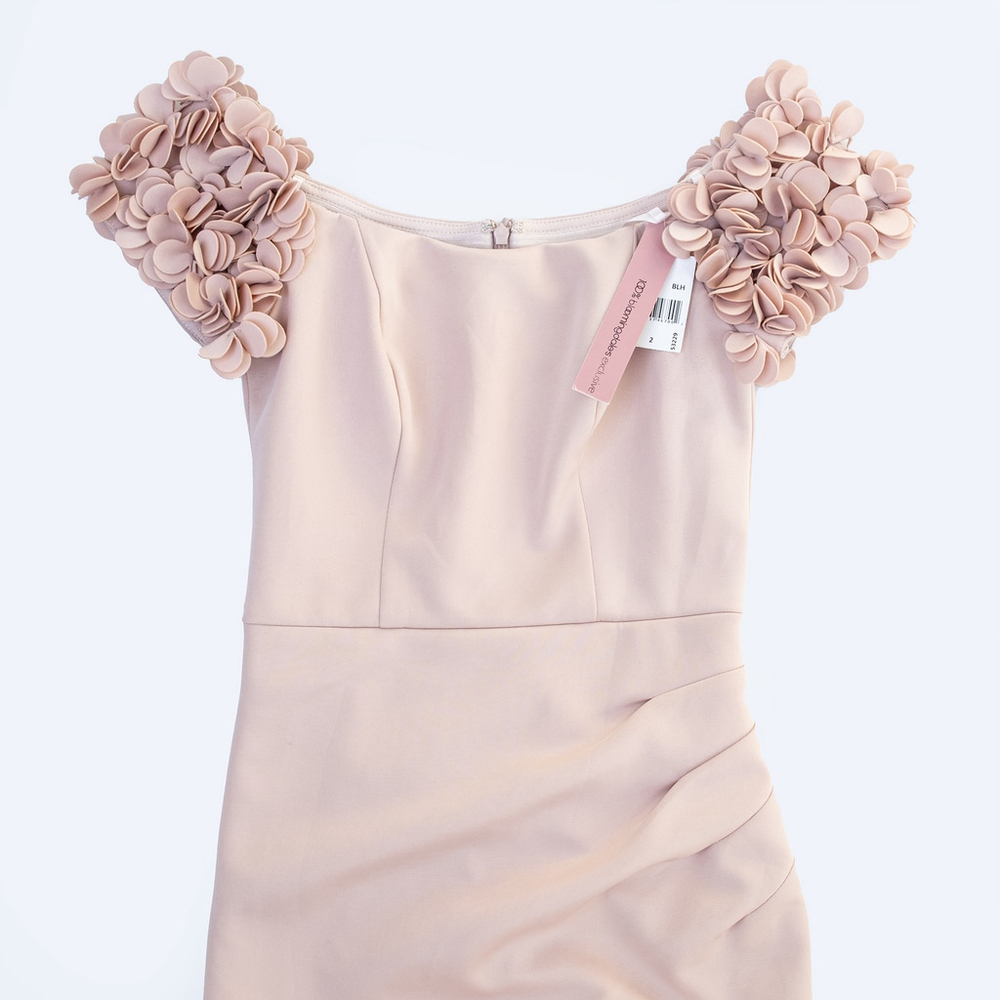 NWT AQUA Embellished Sleeve Gown Maxi Dress Ruffle Crepe Dusty Pink - Size 2 - Picture 5 of 12